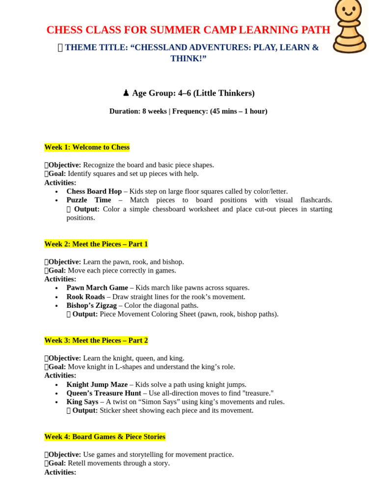 Summer Chess Camp Curriculum Guide | PDF | Chess Openings | Chess