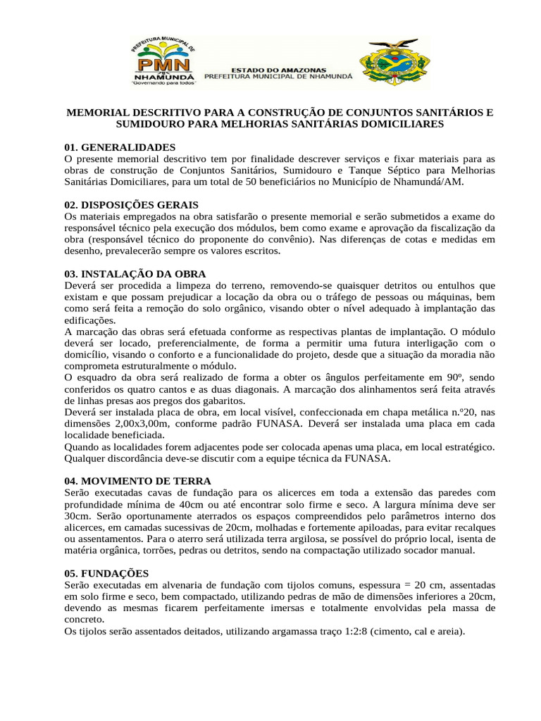 Memorial Descritivo de Construção Sanitária | PDF | Tanque séptico ...