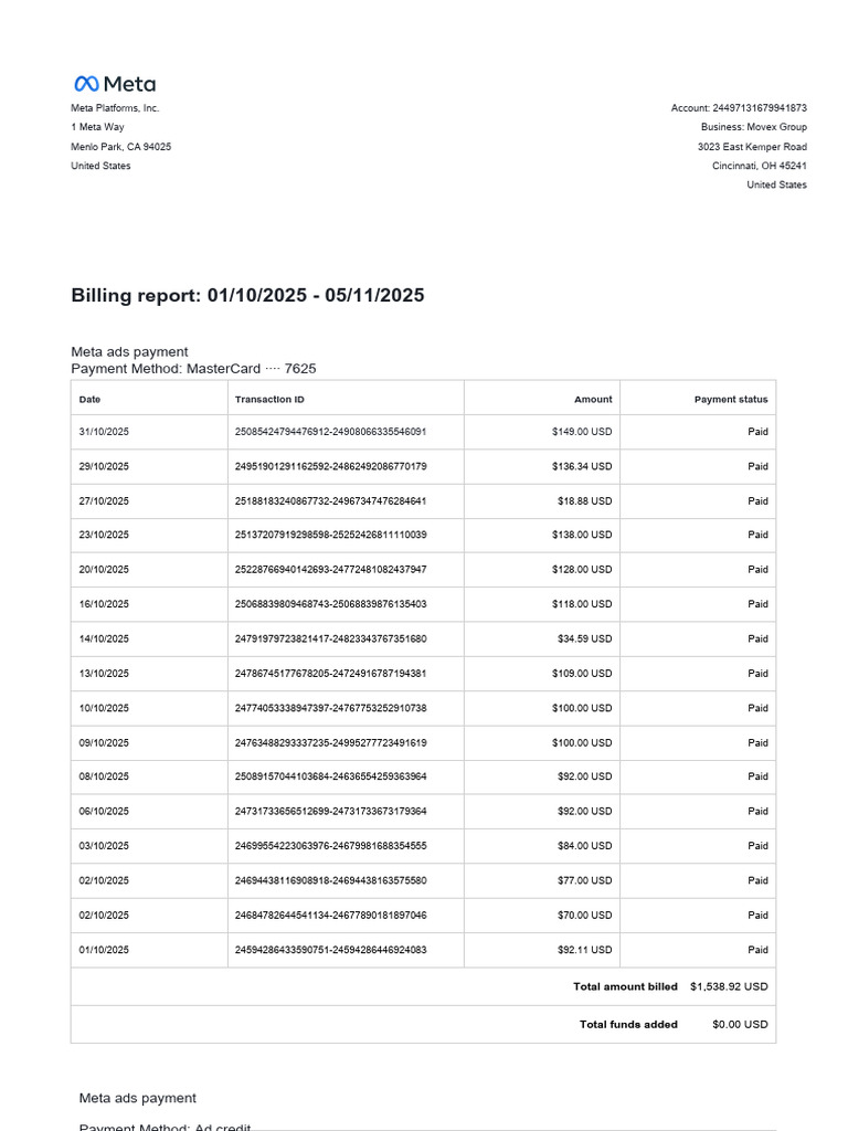 Meta Ads Billing Report 2025 | PDF | Payments | Personal Finance