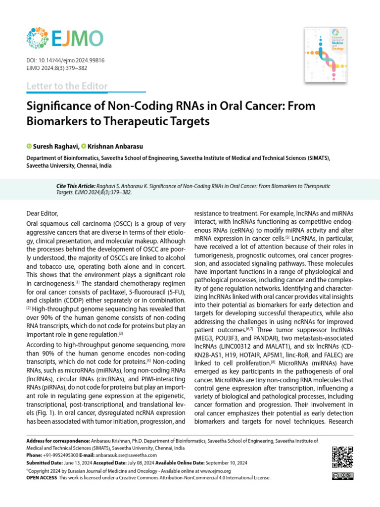 Significance of NonCoding RNAs in Oral Cancer From Biomarkers To ...