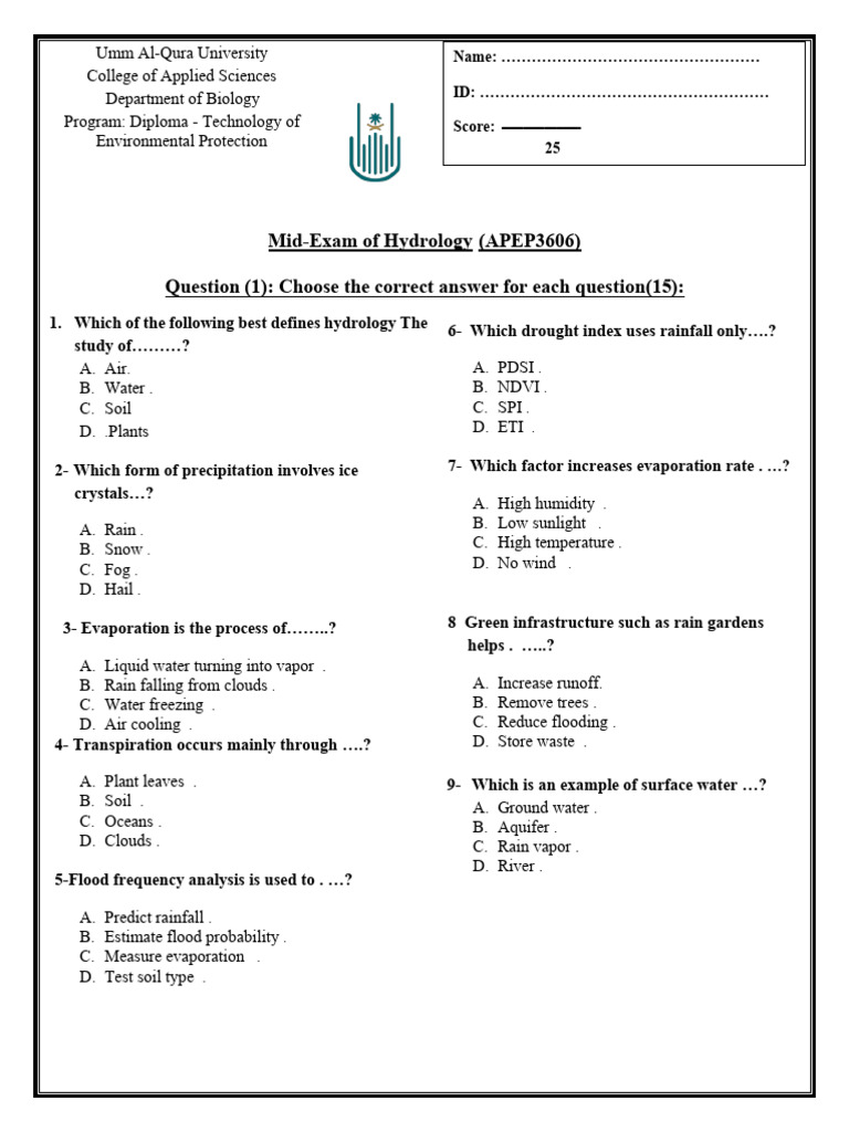 Hydrology Mid-Exam Questions and Answers | PDF | Evapotranspiration ...