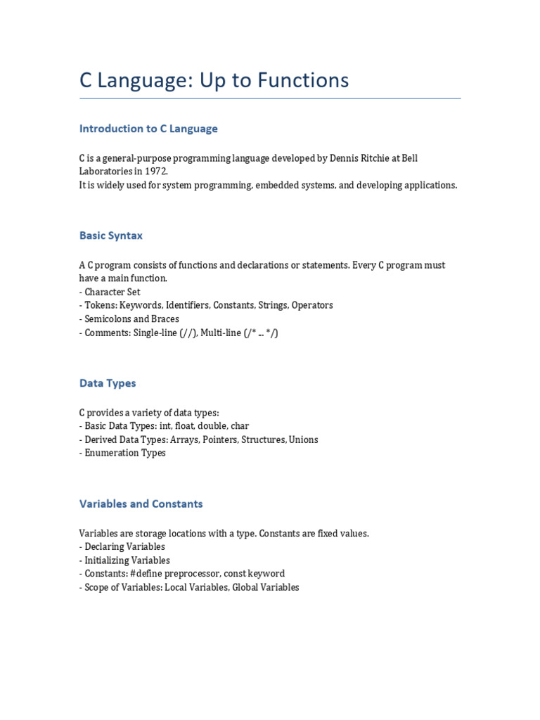 C Language Functions and Basics Guide | PDF | C (Programming Language ...