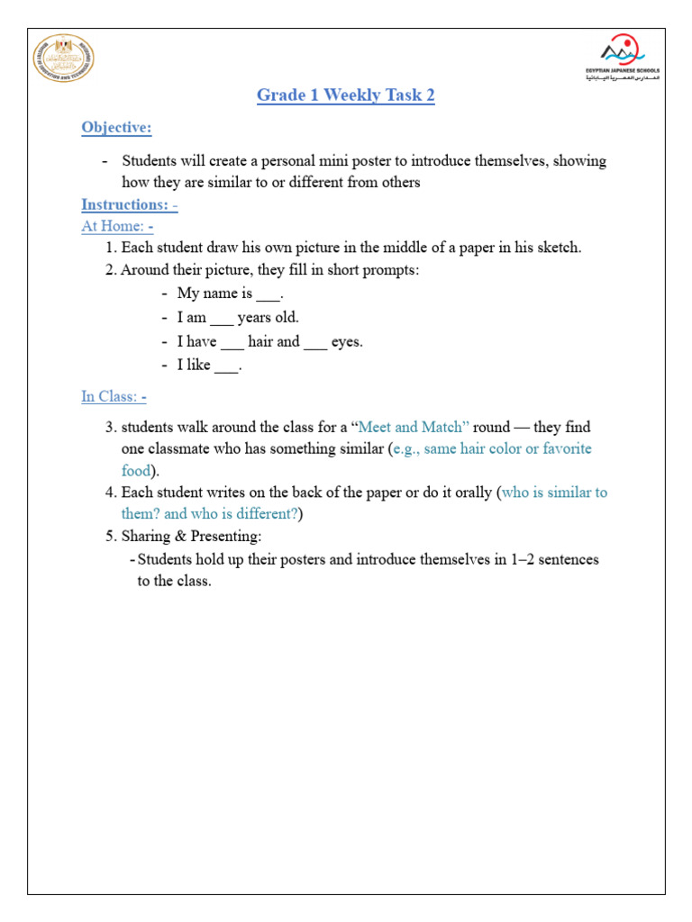 Grade 1 Weekly Task 2 | PDF