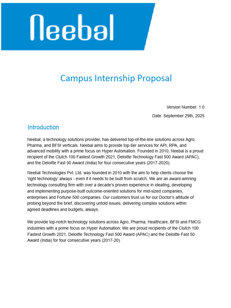 Neebal Technologies Pvt. Ltd. - Campus Internship Proposal | PDF