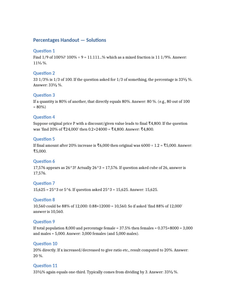 Percentage Calculations and Solutions | PDF | Percentage | Odds