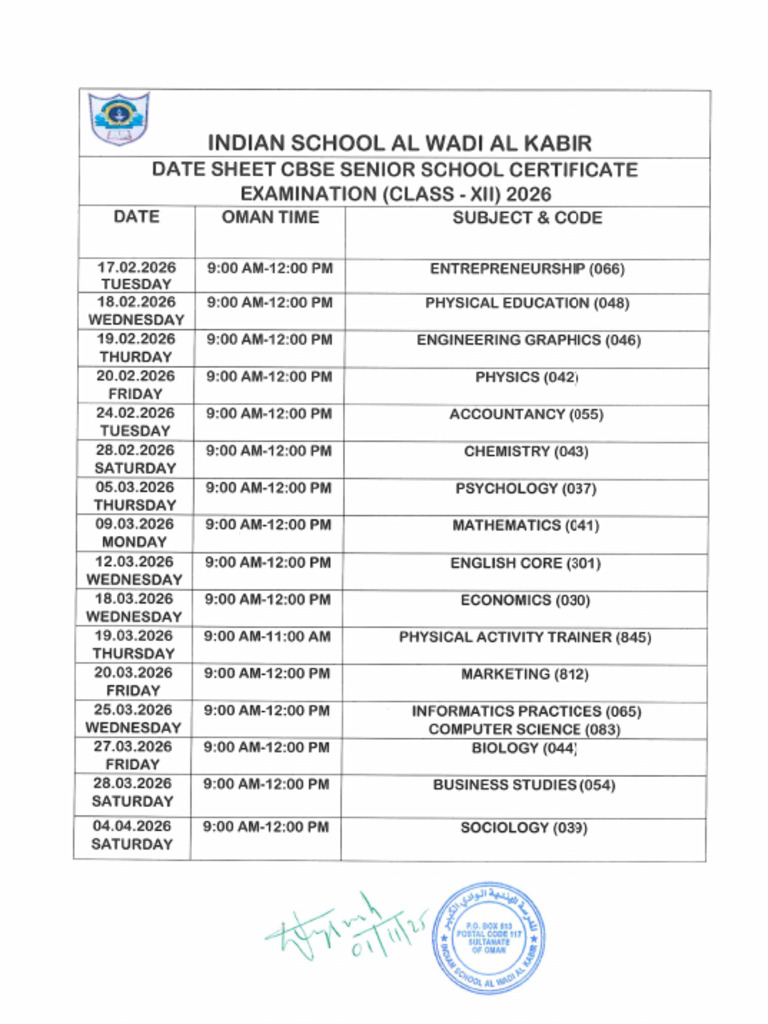 Class XII-CBSE Examination Datesheet 2025-26 | PDF