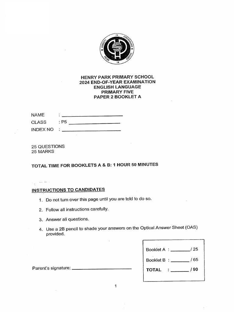 2024 P5 English End of Year Exam Henry Park | PDF