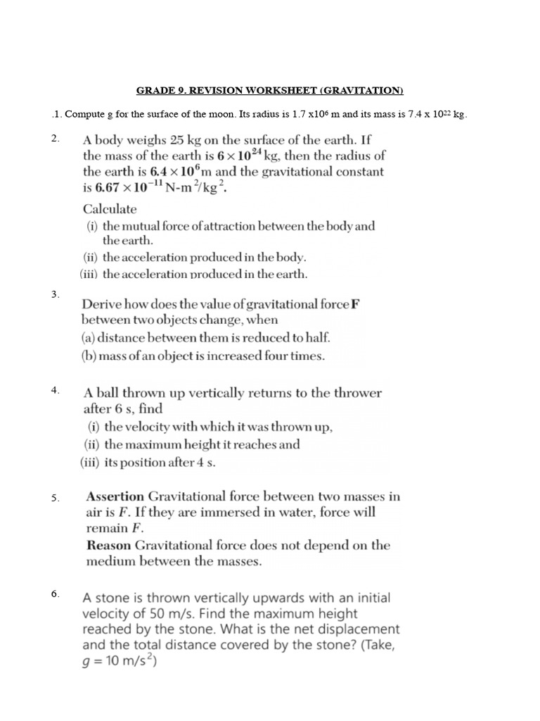 Grade 9 Gravitation Revision Worksheet | PDF