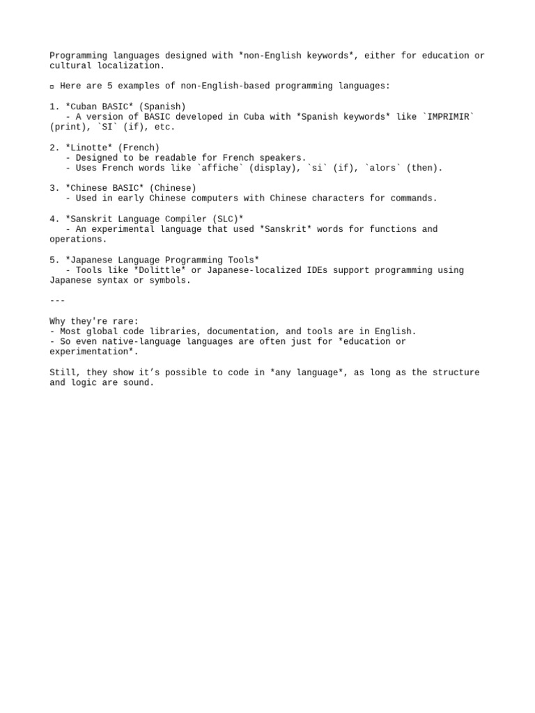Non-English Programming Languages Explained | PDF