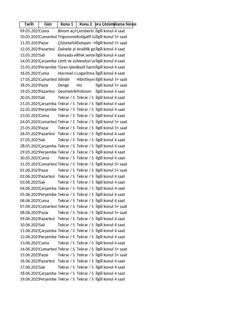 YKS 42 Gunluk Tekrar Programi TR | PDF