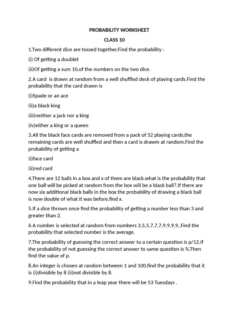 Class 10 Probability Worksheet | PDF