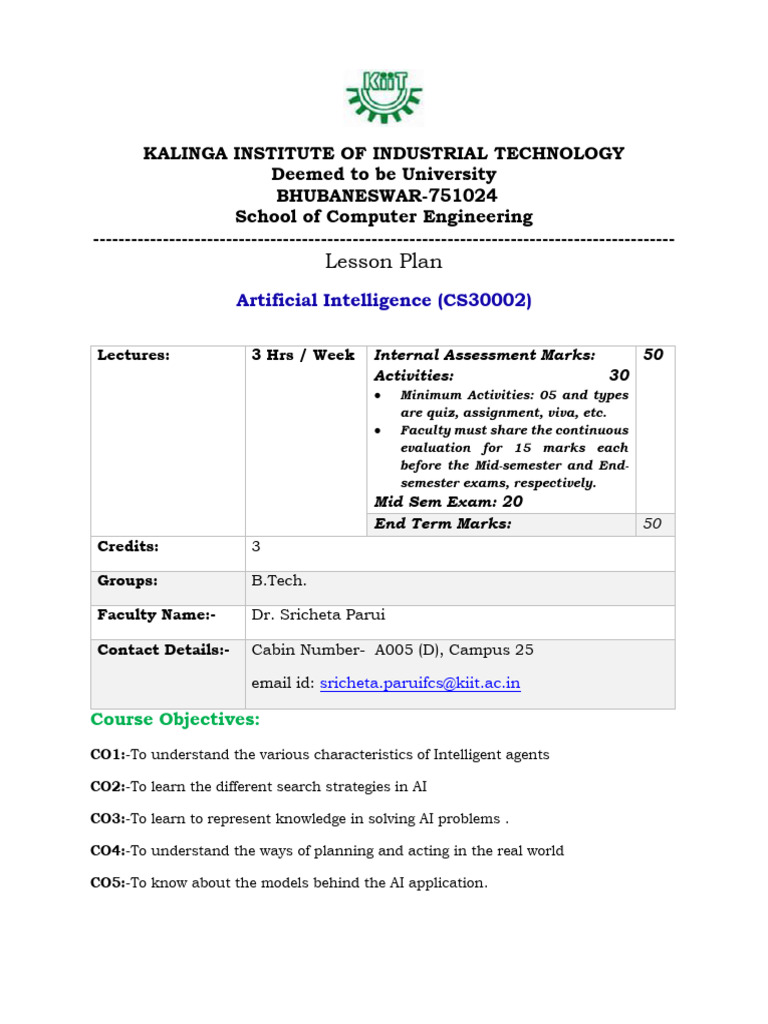 AI Lesson Plan 5th Sem CSE-IT_Autumn_2025 | PDF | Artificial ...