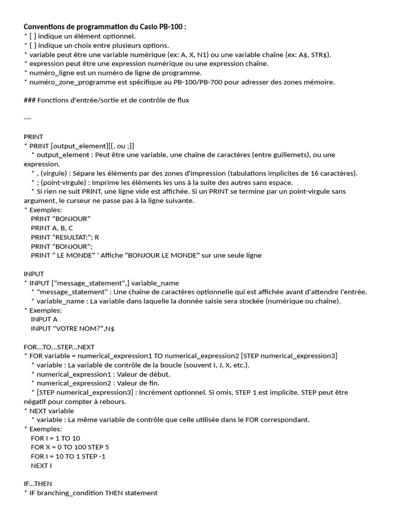 Guide des commandes BASIC Casio PB-100 | PDF | Développement de ...
