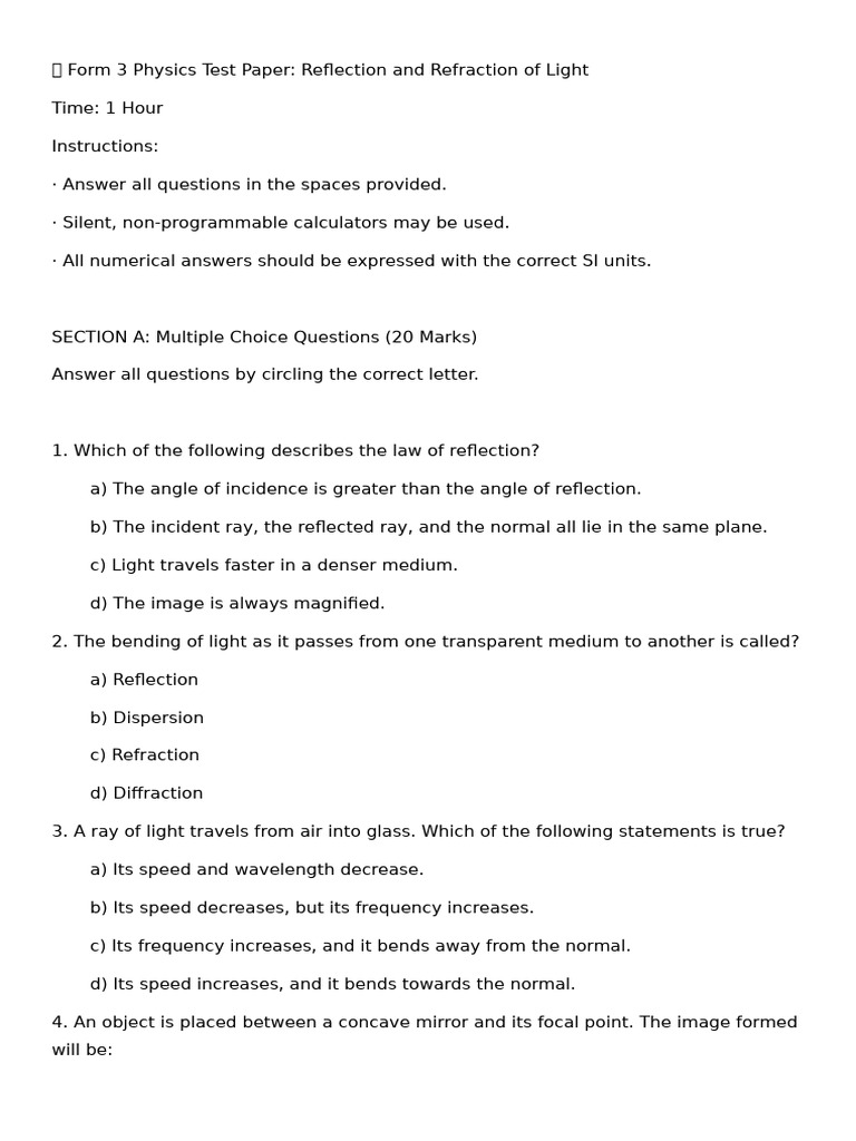 Form 3 Physics: Light Reflection & Refraction Test | PDF | Refraction ...