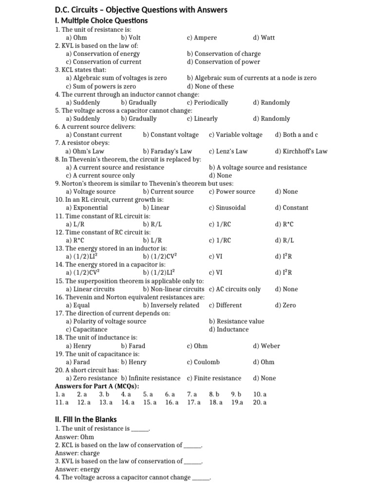 D.C. Circuits: Objective Questions & Answers | PDF | Electrical Network ...