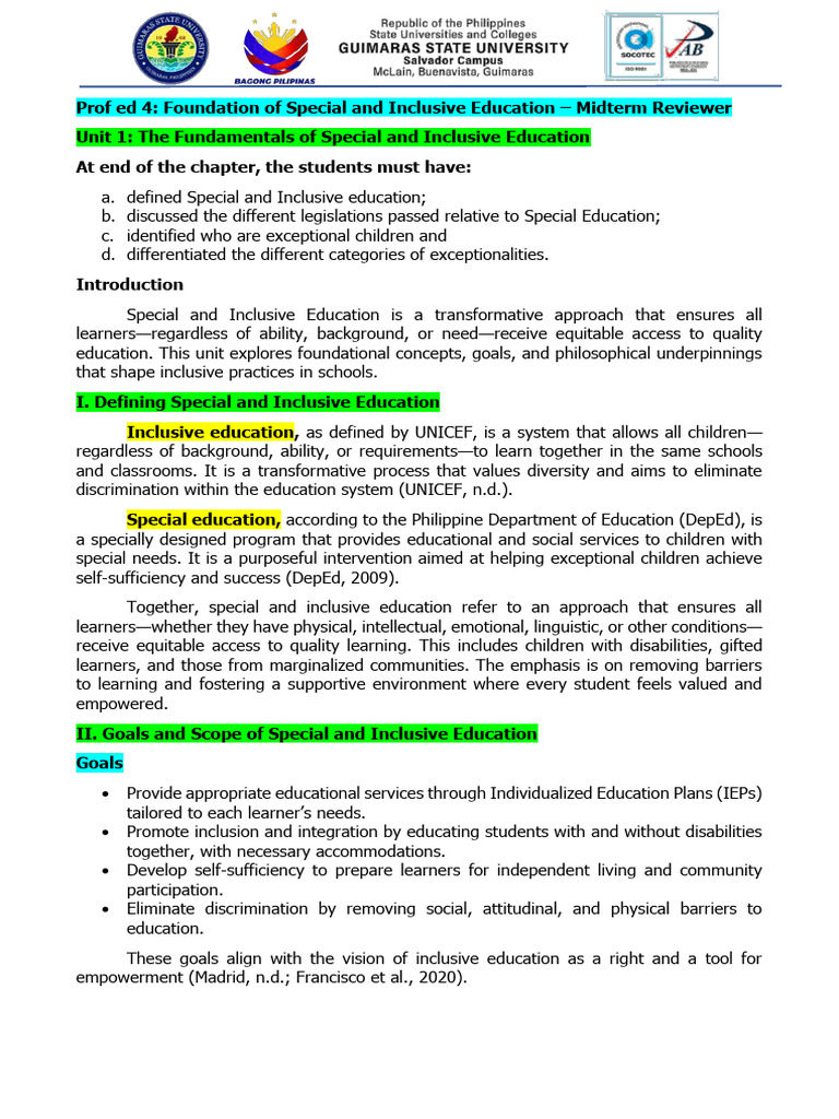 Special and Inclusive Education Overview | PDF | Intellectual ...