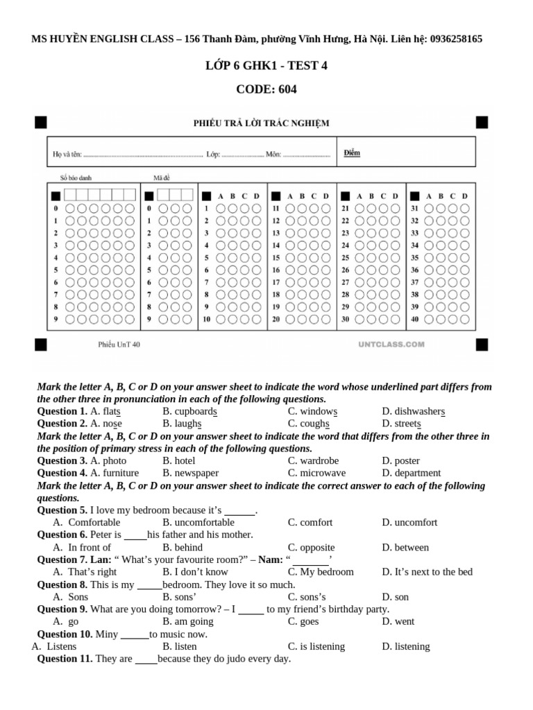 English Test for Grade 6 Students | PDF