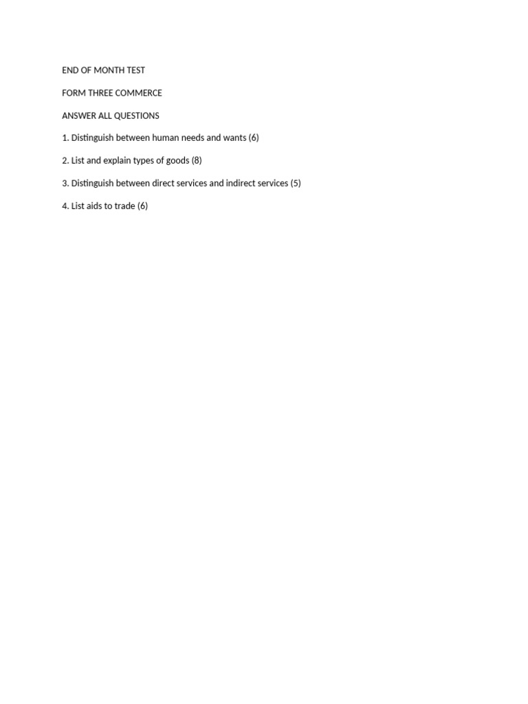 End of Month Test: Form Three Commerce | PDF