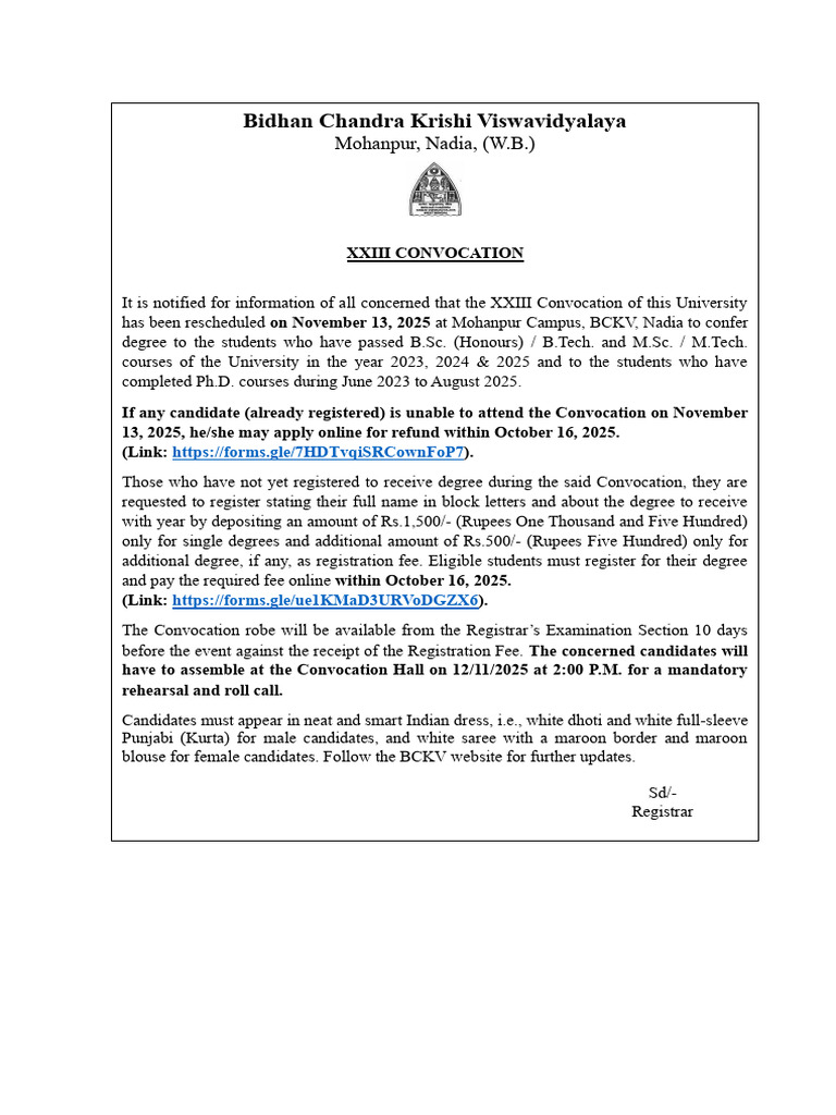 BCKV XXIII Convocation Details 2025 | PDF