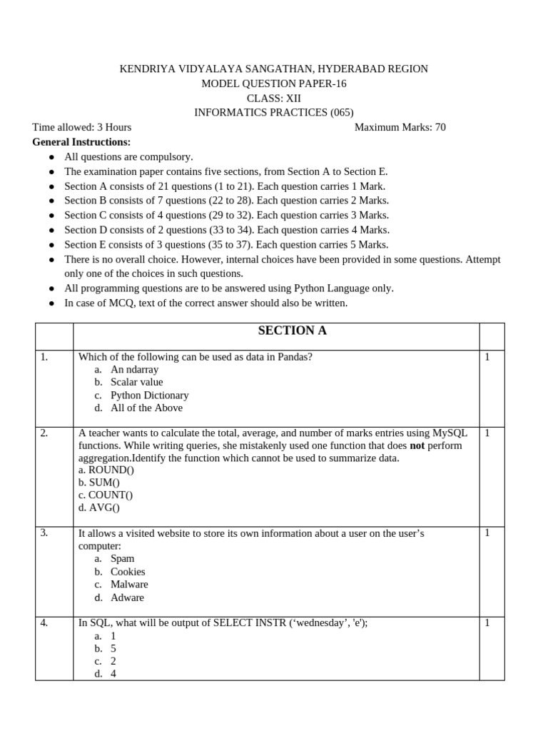 Class XII Informatics Practices Model Paper | PDF | Databases ...