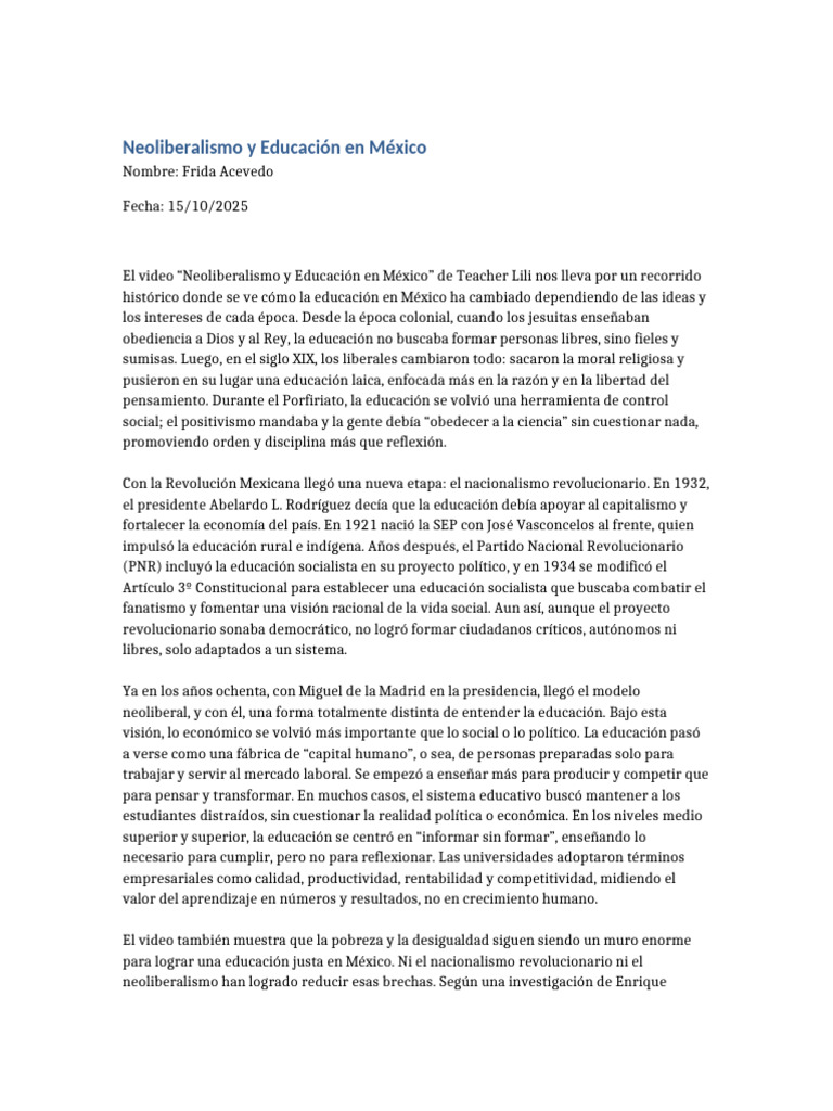 Neoliberalismo y Educación en México | PDF | México | Neoliberalismo
