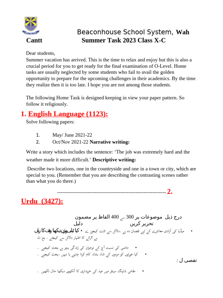 Summer Tasks for Class X-C Students | PDF | Credit Card | Retail