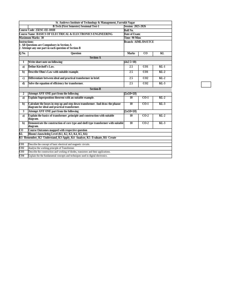B.Tech Electrical Engineering Test 2025-26 | PDF | Transformer | Ac Power