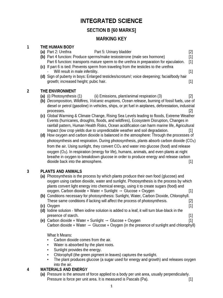 Integrated Science Exam Marking Key | PDF | Photosynthesis | Carbon Dioxide
