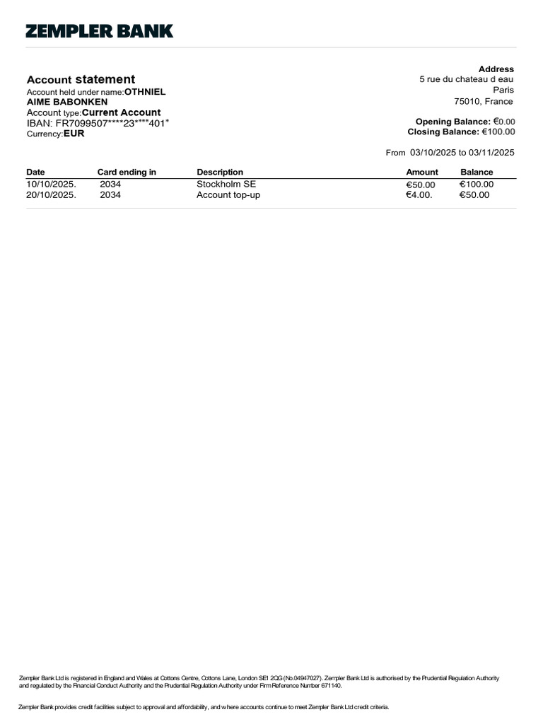 Zempler Bank Current Account Statement | PDF