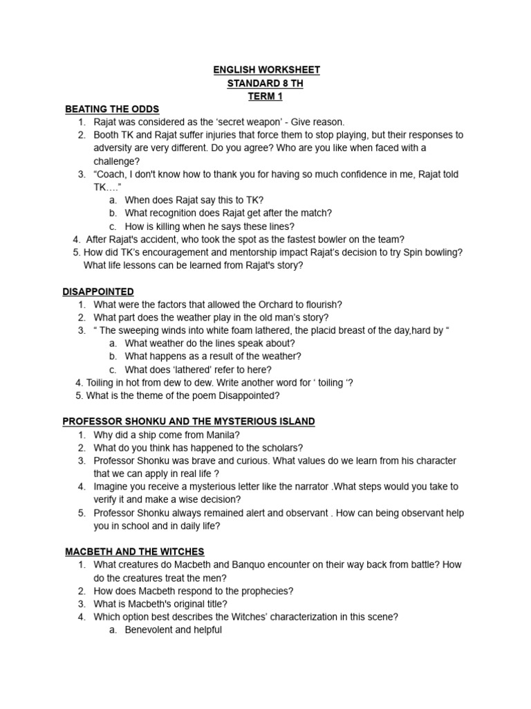 English Worksheet for Standard 8 Term 1 | PDF