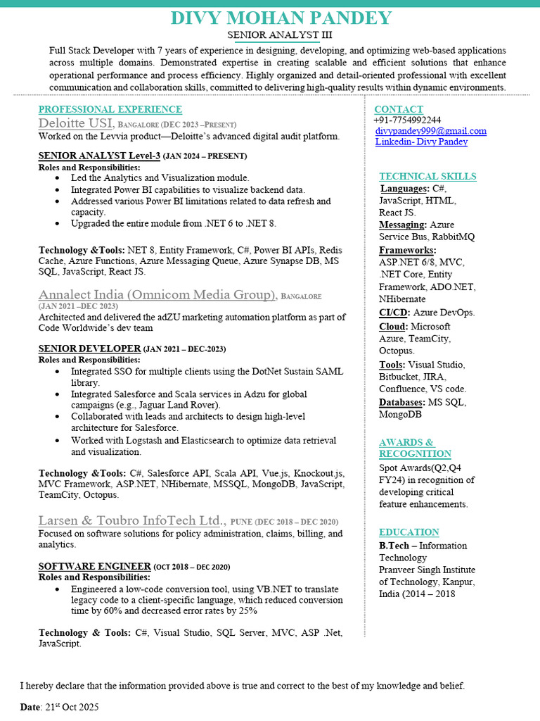 Full Stack Developer Resume: Divy Pandey | PDF | Microsoft Azure ...