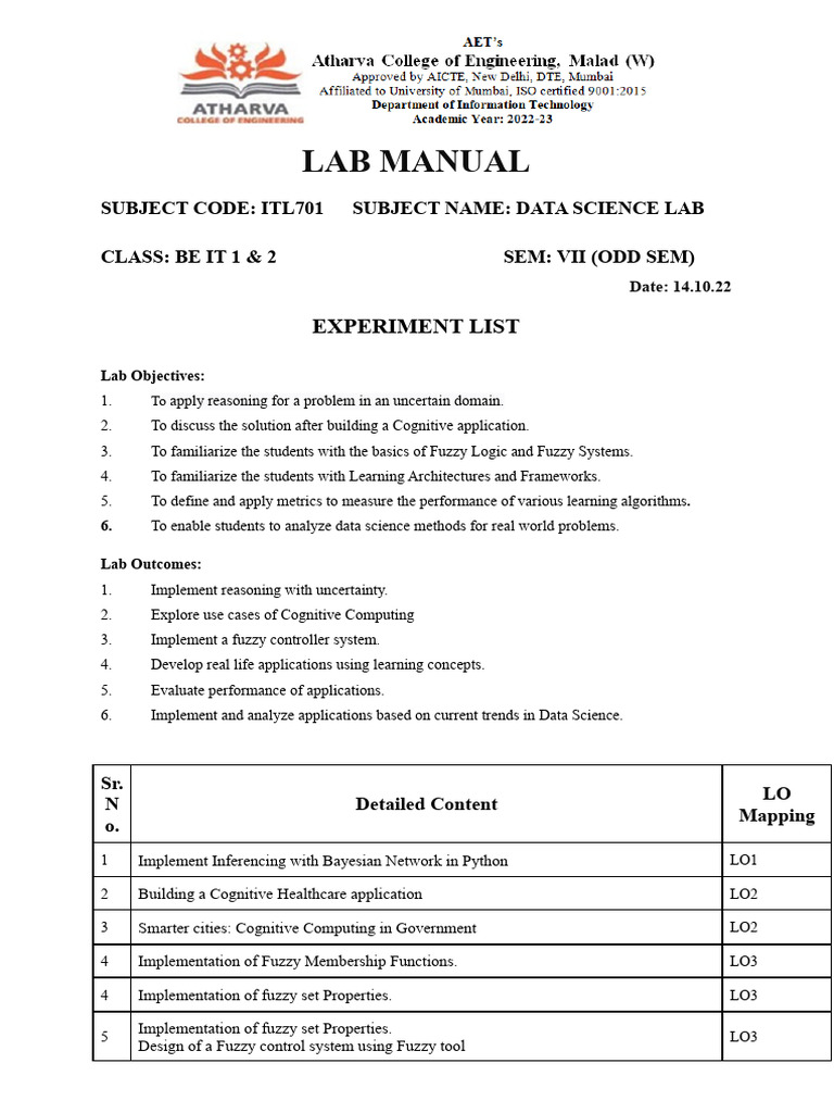 Data Science Lab Manual ITL701 | PDF | Machine Learning | Fuzzy Logic