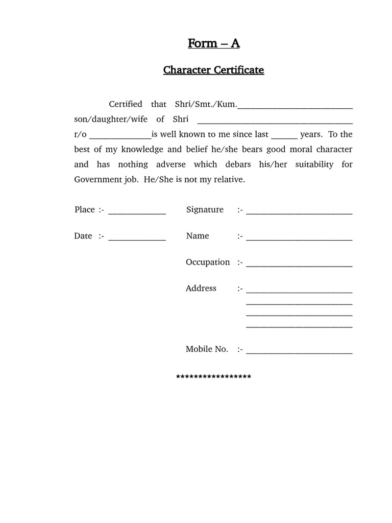 Character Certificate Form Template | PDF