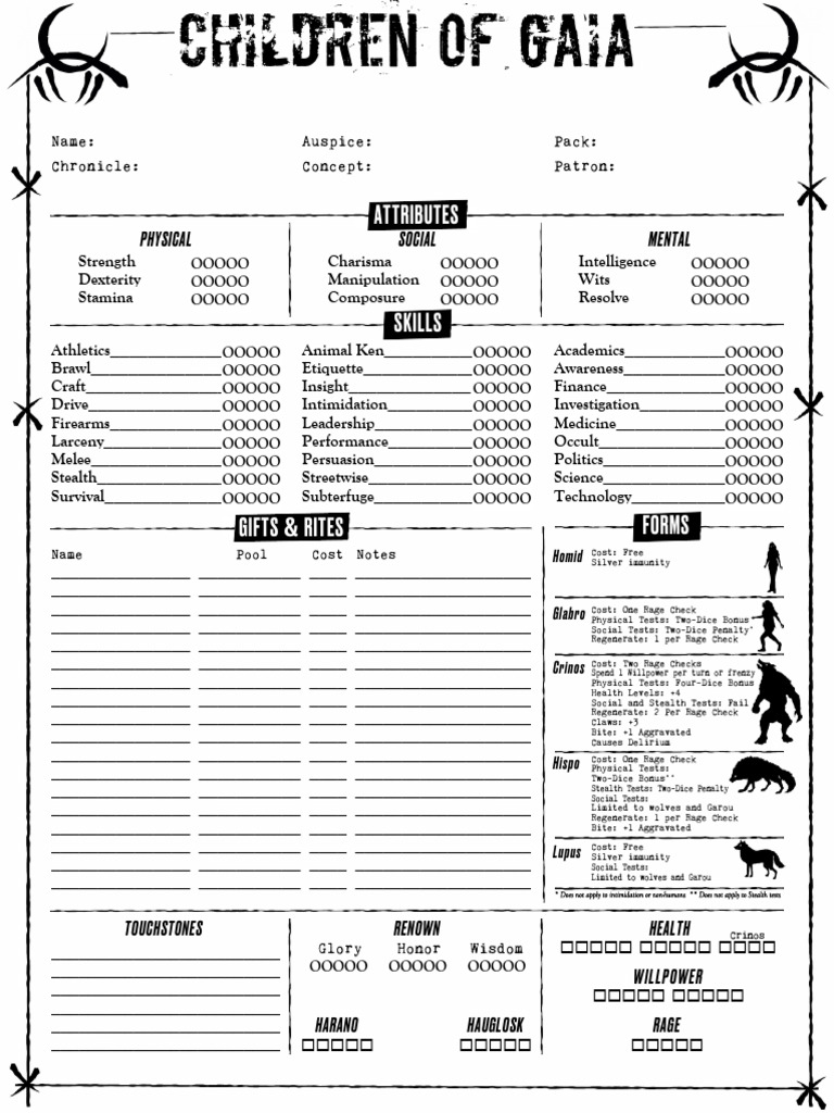 Children of Gaia Character Sheet | PDF | Role Playing Games