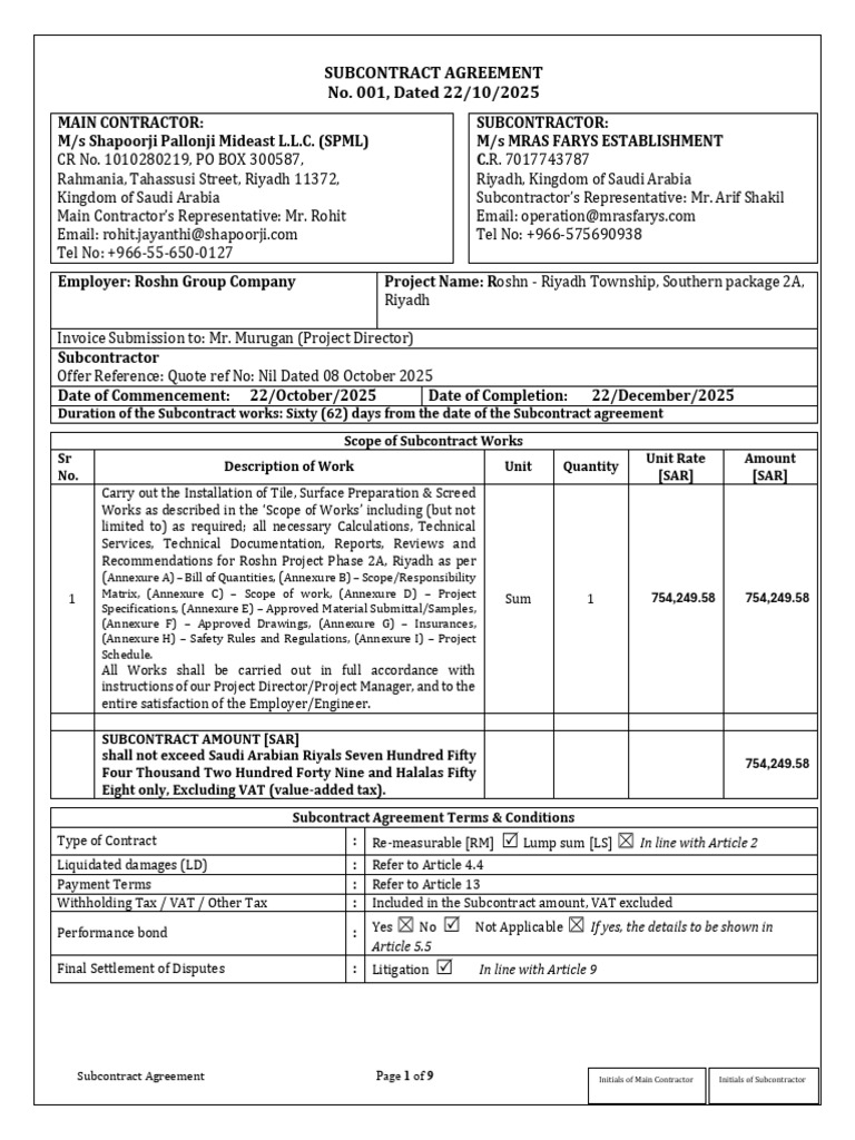 Subcontract Agreement for Riyadh Project | PDF | Subcontractor | Breach ...