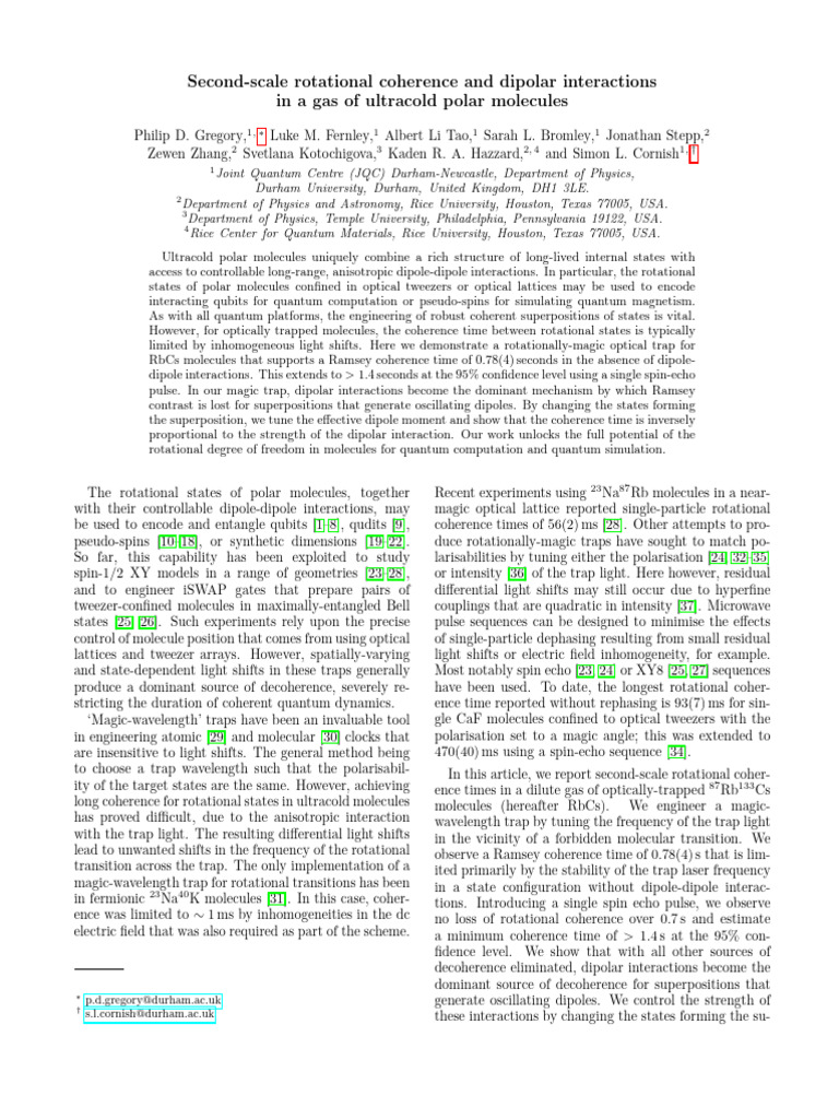 Rotational Coherence in Ultracold RbCs Molecules | PDF | Intermolecular ...