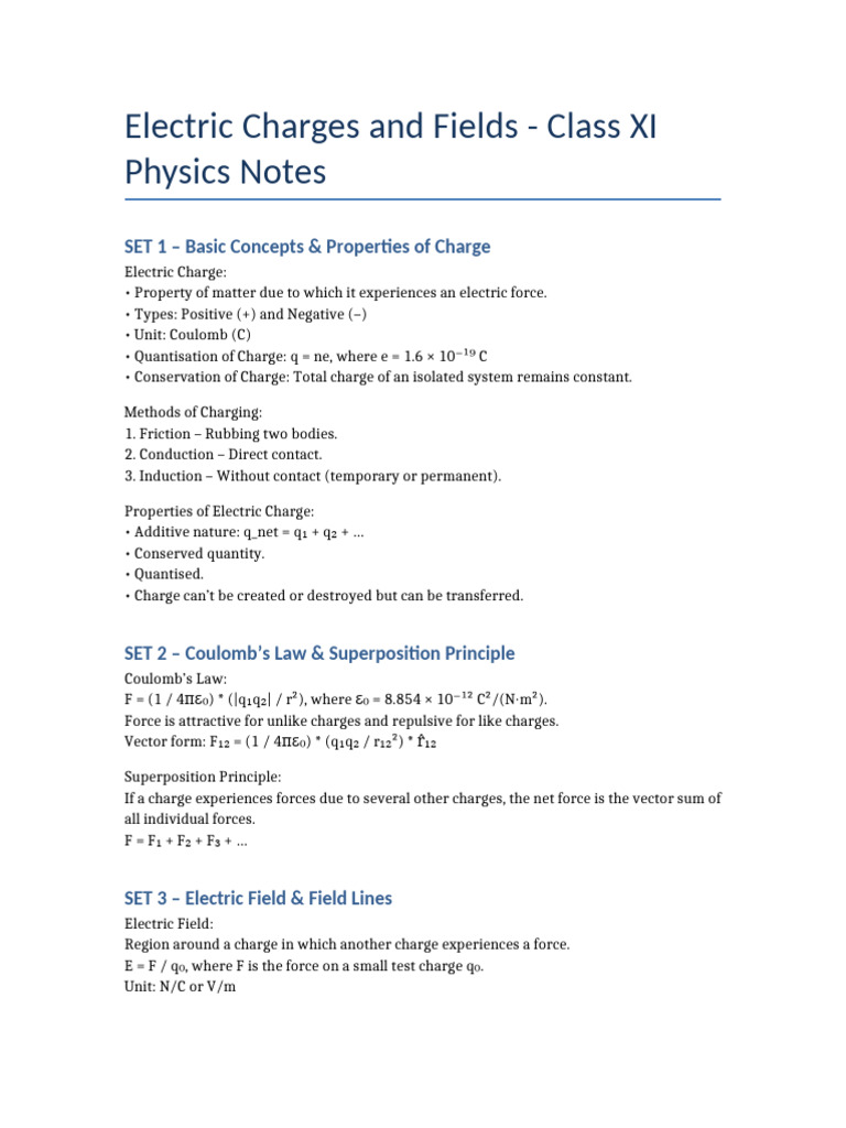 Electric Charges and Fields Notes | PDF