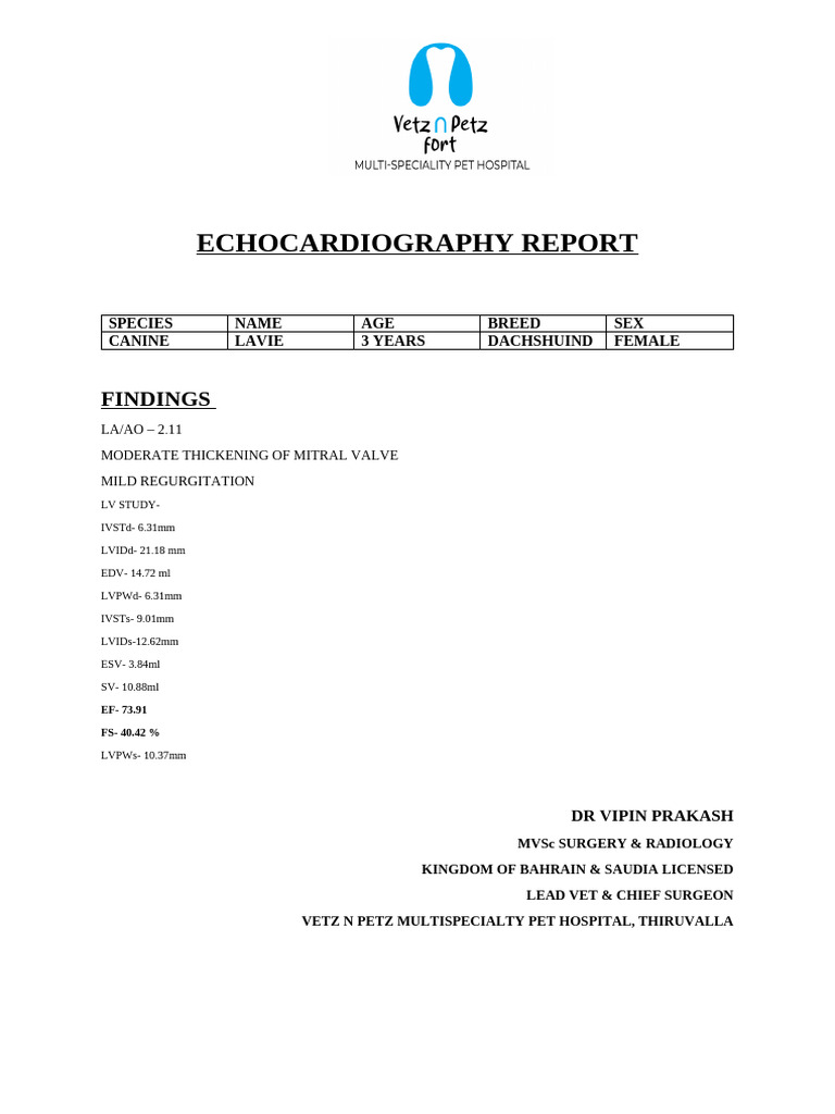 Echocardiography Report for Canine Lavie | PDF
