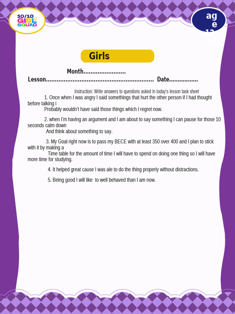 Girls Worksheet 12-14 (4) Big R | PDF