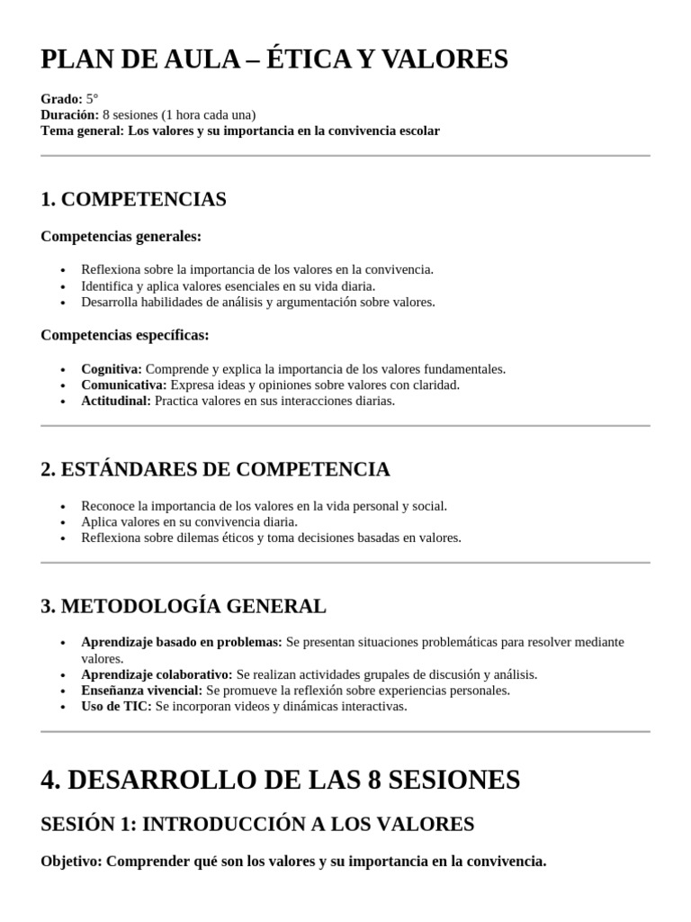 Plan de Aula: Ética y Valores 5° Grado | PDF | Aprendizaje | Enseñando