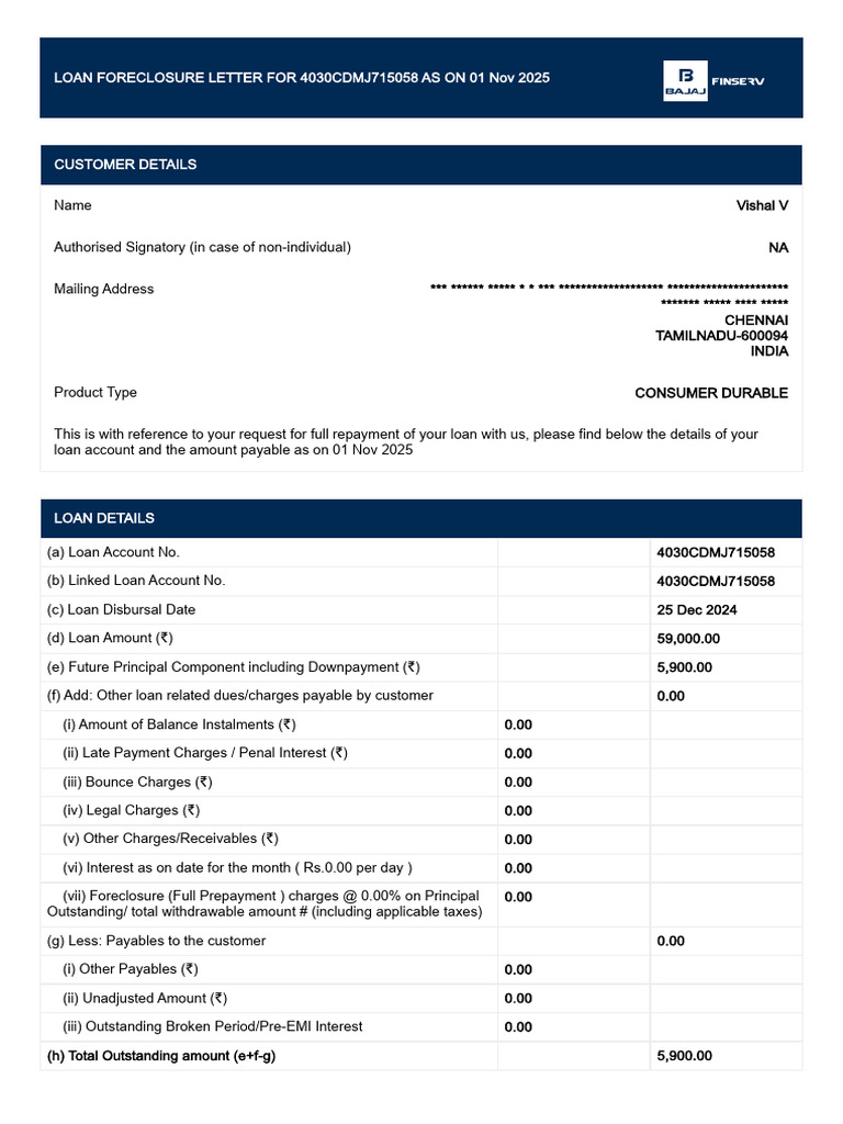 Loan Foreclosure Details for Vishal V | PDF | Payments | Loans