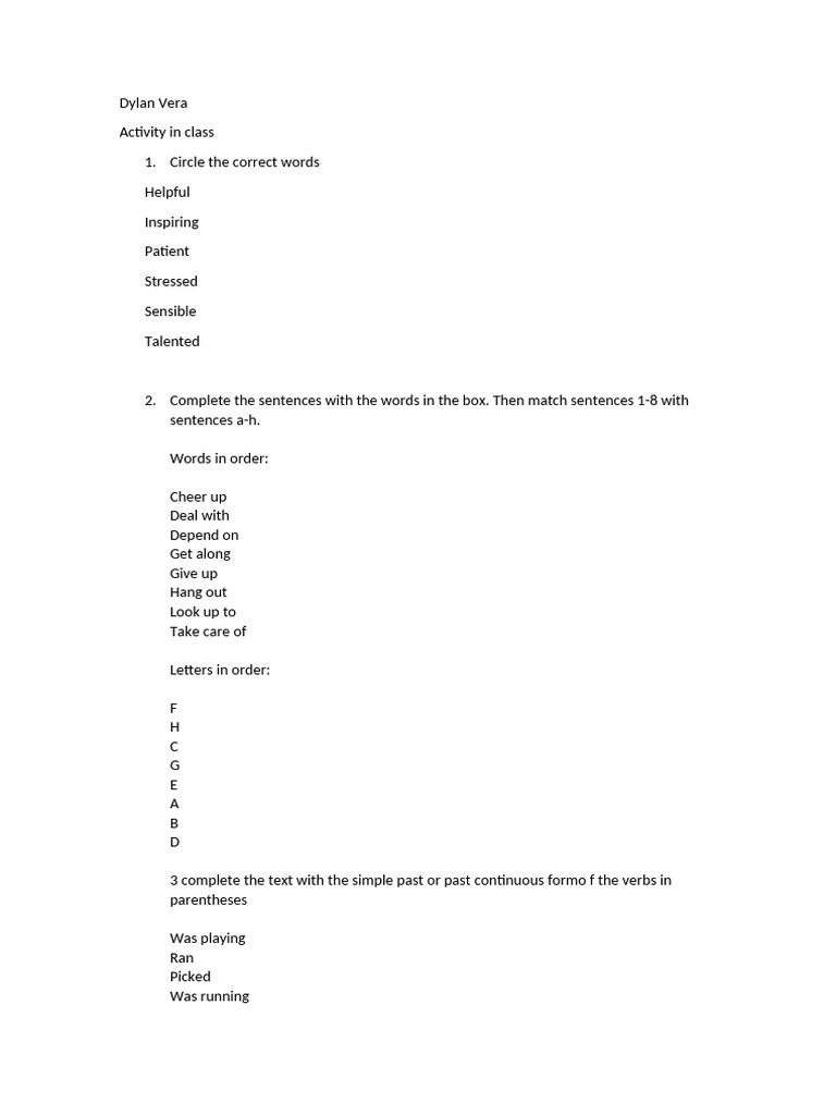 Class Activity: Verbs and Sentences | PDF
