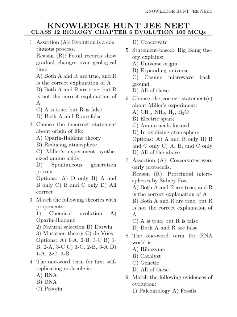 JEE NEET Class 12 Biology MCQs on Evolution | PDF | Evolution | Natural ...
