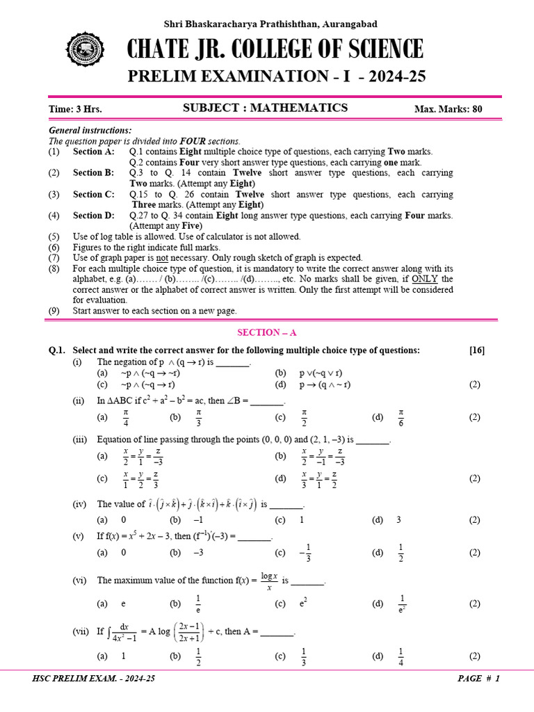 HSC Mathematics Prelim Exam 2024-25 | PDF | Function (Mathematics ...