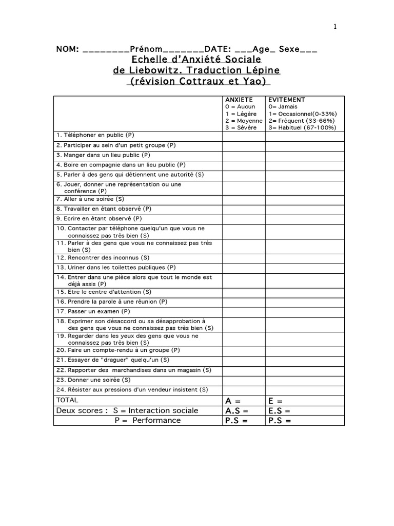 Échelle d'Anxiété Sociale de Liebowitz | PDF