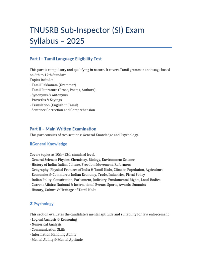 TNUSRB SI Exam Syllabus 2025 | PDF