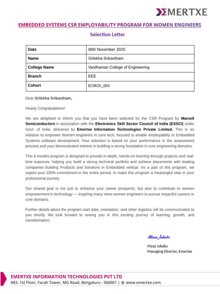Srilekha Srikantham Selection Letter | PDF
