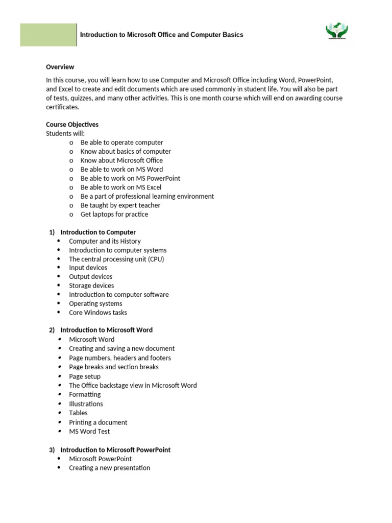 Darsgah Pakistan Course Outline | PDF | Microsoft Word | Microsoft Excel