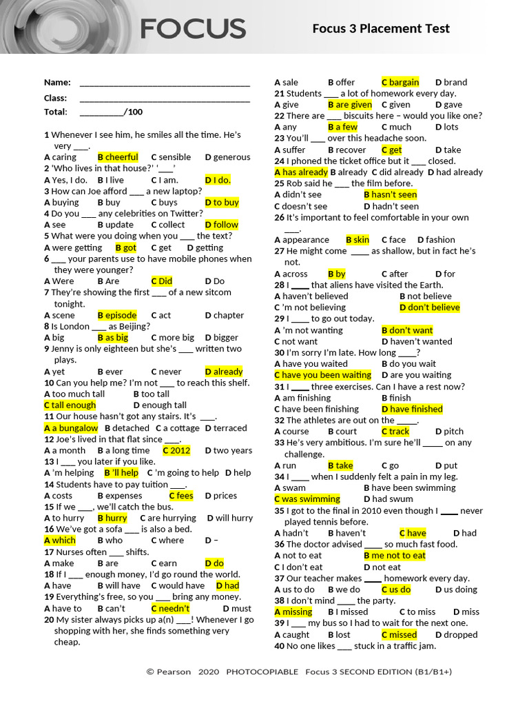 Focus 3 English Placement Test | PDF