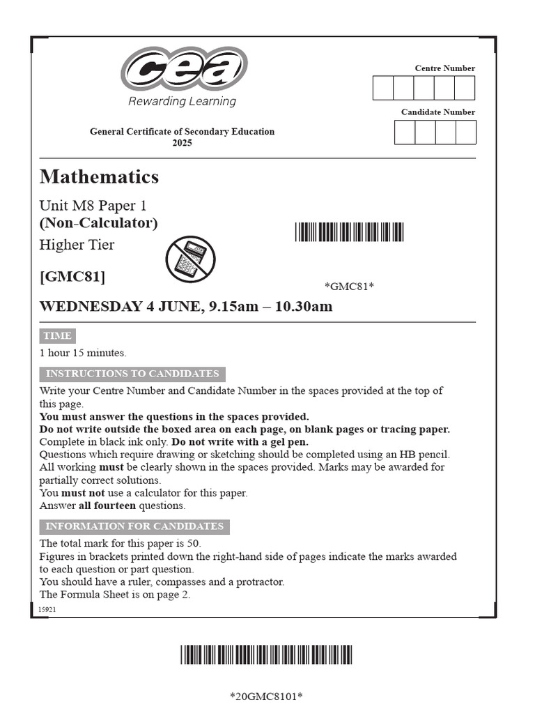 GCSE Mathematics Non-Calculator Exam Paper | PDF | Circle | Area